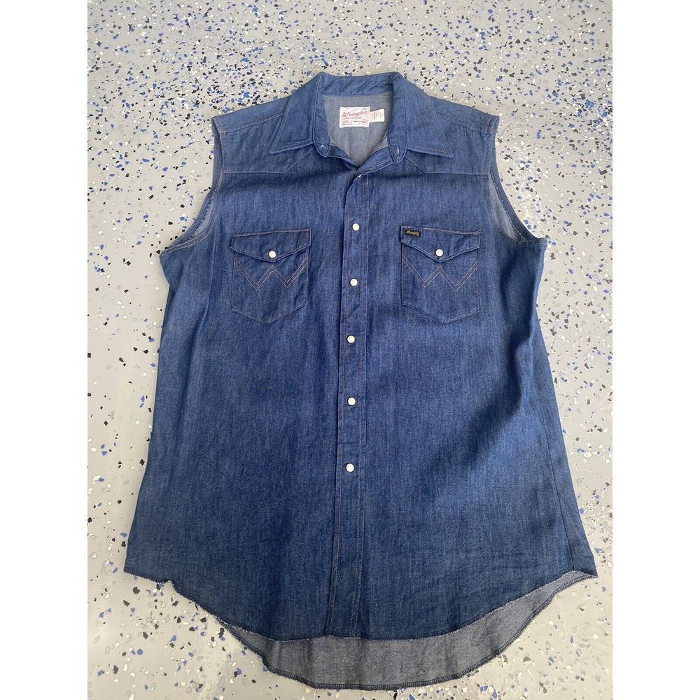 60s Wrangler‎ Sanforized Blue Denim Men's Pearl Snap Button Western 16-16.5 Vest